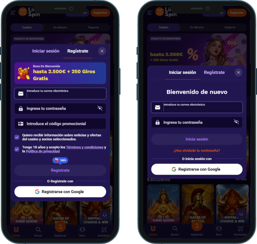 Registro e inicio de sesión en LiraSpin Casino